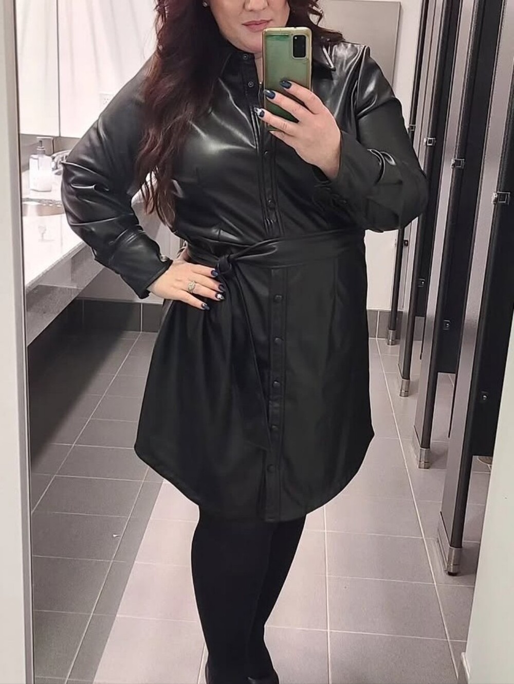 DEX 1X Faux Leather Button-Front Shirt Dress - Black Plus Size